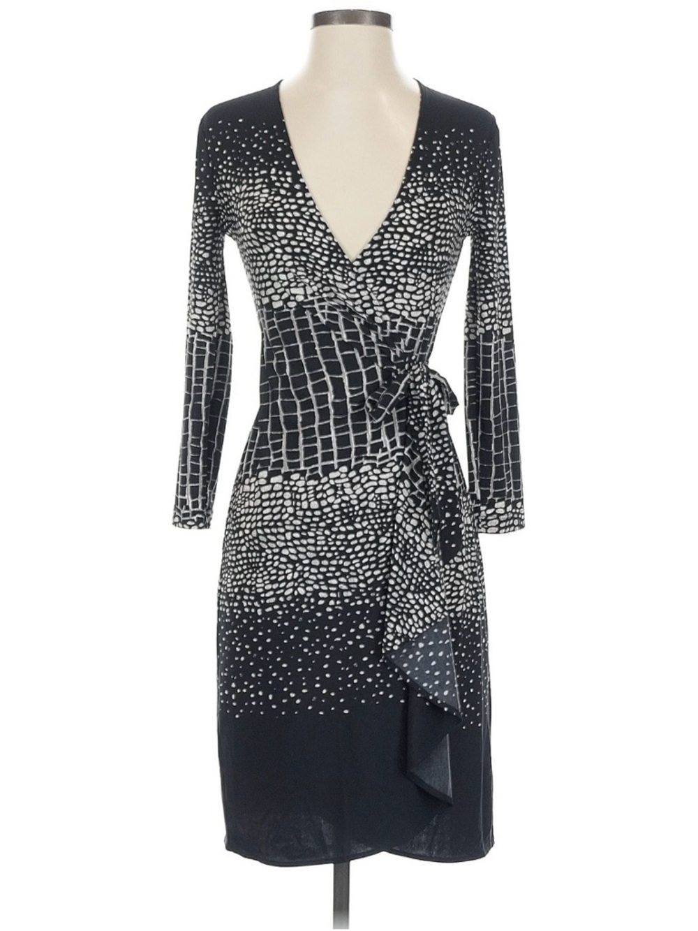 BCBGMaxAzria Black and White Long-Sleeve Wrap Dress XXS